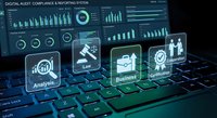 Digital audit compliance reporting system dashboard with holographic interface icons displaying analytics law business and security metrics on laptop keyboard.