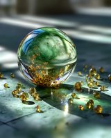 Crystal glass sphere with green swirling liquid and golden particles inside, surrounded by scattered amber beads on textured surface in dramatic lighting.