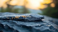 Dark textured rock surface with golden sunlight reflection creating dramatic natural contrast against blurred bokeh background at sunset.