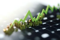 Green arrow graph rising over financial data chart with miniature forest landscape, symbolizing sustainable growth and eco-friendly investment performance.