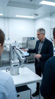 Middle-aged Caucasian male engineer or technician with gray hair and glasses operating robotic arm equipment in modern laboratory setting with colleagues.