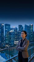 Professional businesswoman in suit standing on balcony overlooking illuminated city skyline at dusk with arms crossed looking confident and determined.