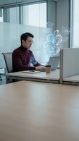Asian businessman working with holographic data visualization technology in modern office environment for digital transformation and innovation projects.