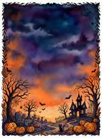 Halloween night scene with spooky haunted house, jack-o-lantern pumpkins, bare trees, bats flying across dramatic purple orange sky for seasonal decorations.