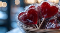 Red heart-shaped lollipops wrapped in clear cellophane against blurred bokeh lights background, romantic candy treats for Valentine's Day celebration or sweet gifts.