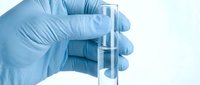 Hand in blue latex glove holding a clear empty test tube against a light background, symbolizing laboratory research and medical testing.