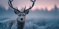 Majestic red deer stag with impressive antlers standing in frosty winter landscape at dawn. Wildlife photography capturing nature's beauty in cold season.