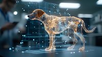 Digital hologram of hunting dog with glowing network connections and data points overlaid on veterinary clinic background, representing advanced pet healthcare technology.