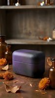 Purple gradient cosmetic jar on rustic wooden surface with autumn flowers and vintage apothecary bottles in warm atmospheric lighting for skincare branding.