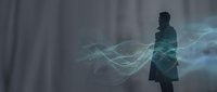 Silhouette of woman in coat standing amid flowing digital waves and light effects, representing technology, innovation, and digital transformation in modern business environment.