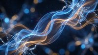 Abstract flowing energy waves with blue and orange light streams creating dynamic motion against dark background with bokeh effects.