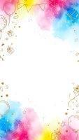 Colorful watercolor celebration frame with golden party elements, balloons, gifts and bunting flags on white background for festive invitations and greeting cards.