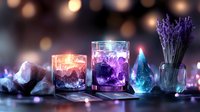 Mystical crystal healing setup with amethyst candles, gemstones and lavender creating spiritual wellness atmosphere with warm bokeh lighting effects.