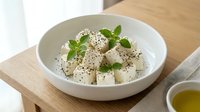 Fresh tofu cubes with herbs and black sesame seeds in white bowl on wooden table. Healthy plant-based protein meal ready to serve.