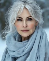 Elegant mature Caucasian woman with silver gray hair wearing cozy scarf in winter outdoor portrait showcasing natural aging beauty and confidence.