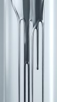 Liquid metal streams flowing downward in smooth, curved lines against a gradient gray and white background, creating an abstract composition suitable for modern design, technology, and luxury branding projects.