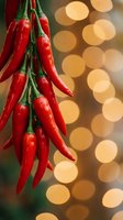 Fresh red chili peppers hanging with warm bokeh lights background for culinary and cooking themes.