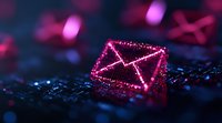 Glowing pink neon envelope icon on dark background with bokeh lights and sparkles, representing digital communication and email marketing concept.