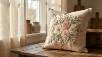 Embroidered floral cushion with pink and cream flowers on neutral fabric, decorative throw pillow for home interior design and cozy living spaces.