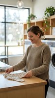 Smiling Caucasian woman in beige sweater folding laundry at kitchen counter in modern home with natural light and plants creating cozy domestic atmosphere.
