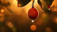Red winter berry with frozen water drop hanging in golden sunset light, creating magical bokeh effect in nature macro photography.