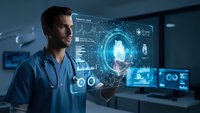 Male doctor interacting with futuristic holographic medical interface displaying heart data and diagnostic charts in modern healthcare facility.