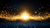 Golden light burst with sparkling particles and bokeh effects creating magical atmosphere on dark blue background for luxury design projects.