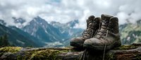 Worn hiking boots resting on mossy log with dramatic mountain peaks and cloudy sky backdrop. Adventure travel and outdoor exploration concept.