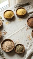 Assorted grains and seeds in wooden bowls on linen fabric with dried herbs, overhead flat lay composition for food styling, cooking, nutrition, and healthy eating content.