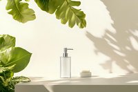 Minimalist bathroom setup with soap dispenser and natural monstera leaves casting shadows on white surface, creating zen spa atmosphere for wellness content.