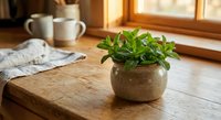 Fresh mint plant in a rustic ceramic pot on a wooden kitchen table by a sunny window, warm cozy home atmosphere.
