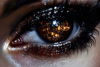 Extreme macro shot of brown eye with glowing city lights reflection in pupil, dramatic eyelashes and detailed iris texture creating futuristic cyberpunk atmosphere.