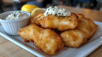 Golden-brown beer battered fish fillets served on white plate with creamy tartar sauce, fresh lemon wedges and chopped herbs garnish, close up view of crispy seafood.