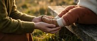 Elderly couple holding hands on wooden bench outdoors showing love, care and togetherness in golden sunlight during autumn season.