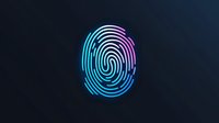 Glowing neon fingerprint icon in gradient blue and pink colors on dark background, security and biometric identification concept for technology design.
