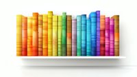 Row of colorful hardcover books arranged in rainbow spectrum order standing on white shelf, spines showing gradient from orange through yellow, green, blue to purple.