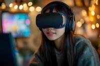 Young Asian woman wearing virtual reality headset and headphones smiling against blurred bokeh lights background. Modern gaming and entertainment technology.