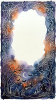 Watercolor Halloween frame with spooky border featuring bats, ghosts, witch, haunted house, pumpkins, and spider webs around a white copy space center.