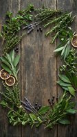Fresh herbs wreath frame on rustic wooden background with rosemary, thyme, sage, lavender and dried citrus slices for culinary and aromatherapy use.