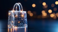 Glowing shopping bag with sparkles and stars against dark background with bokeh lights creates magical holiday shopping atmosphere.