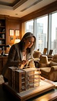 Middle-aged woman architect examining architectural model in modern office with wooden paneling, city skyline views, and contemporary furnishings for design and planning projects.