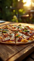 Fresh homemade pizza with melted cheese and herbs on wooden board in warm sunlight for restaurant menu and food advertising campaigns.