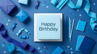 Happy Birthday card surrounded by blue party decorations, gifts, candies, confetti, and straws on a vibrant blue background for celebration.