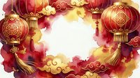 Red and gold lanterns with ornamental clouds and watercolor splashes frame a white center space, suitable for lunar new year celebrations, festive greetings, and cultural event designs.