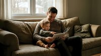 Father and young son reading book together on comfortable sofa in warm living room, bonding time, family lifestyle, parenting moments at home.