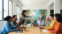Diverse team of professionals collaborating in modern office meeting room with digital technology interface displayed on glass board during brainstorming session.