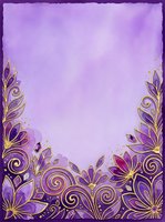 Lavender watercolor background with ornate gold and purple floral border frame, featuring decorative flowers and scrolls. Suitable for invitations, greeting cards, and design templates.