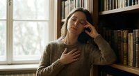 Young woman experiencing stress and fatigue in home library setting with bookshelves background for wellness and mental health concepts.