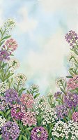 Watercolor floral border with delicate alyssum flowers in pink, purple and white creating romantic frame on soft pastel background for wedding invitations.