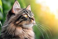 Majestic long-haired tabby cat with amber eyes gazing upward against blurred green and yellow background, showing detailed fur texture and whiskers in profile view.